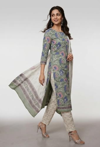 Image of Eddika women unstitched hand block printed cotton suit set with mulmul dupatta ehbpcswmd0120P
