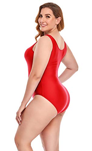 Annbon Women's One Piece Swimsuit Retro Plus Size Bathing Suit Conservative Monokini Swimwear, Red, 3Xl #TOP1
