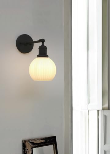 Image of Yosoan Boho Aged Vanity Bathroom Wall Sconce with Milk Shade, 1-Light Indoor Hardwired Wall Mounted Vintage Industrial Fixture Lights with Ribbed Round Glass Lamp for Bedroom Living Room(Black)