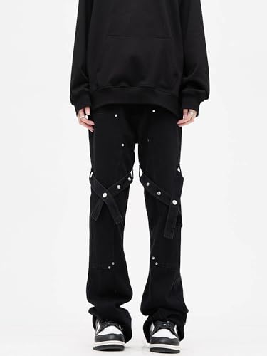 GUOYUXIAO Men's Jeans High-Street Tie-Waist Flared Straight-Leg Denim Pants Casual Workwear Trouser for Men4