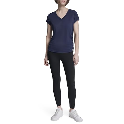 Image of DKNY Women's Short Sleeve V-Neck Tech Ruched Side Seam Active T-Shirt
