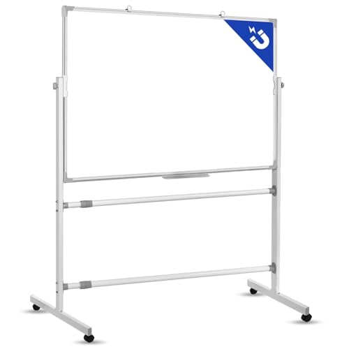 سبورة بيضاء متحركة من سكاي تاتش مع حامل 90 × 120 سم، سبورة بيضاء مغناطيسية مزدوجة الجوانب على عجلات، سبورة بيضاء قائمة للمكتب والفصول الدراسية والمنزل، تتضمن جميع الاجزاء