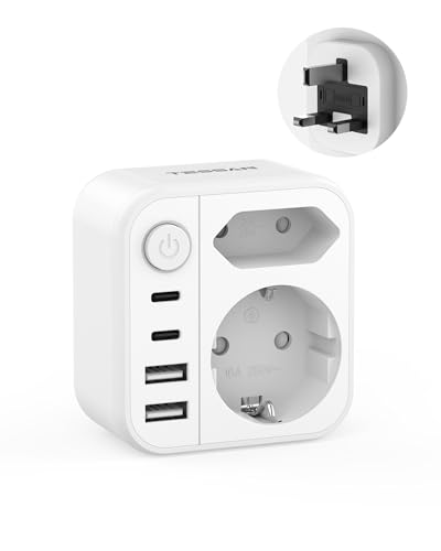 TESSAN Adapter England Deutschland Stecker mit 1 Schalter, England Steckdosenadapter mit 2 USB C und 2 USB A, Reiseadapter UK für Deutschland nach Großbritannien, Irland, London, Schottland (Typ G)