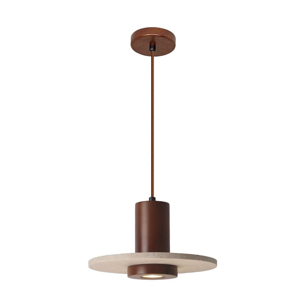 Lámpara colgante de travertino natural con cordón ajustable for colgar, lámpara colgante de madera maciza con un solo cabezal, casquillo E27 Wabi Sabi(Walnut,20cm)