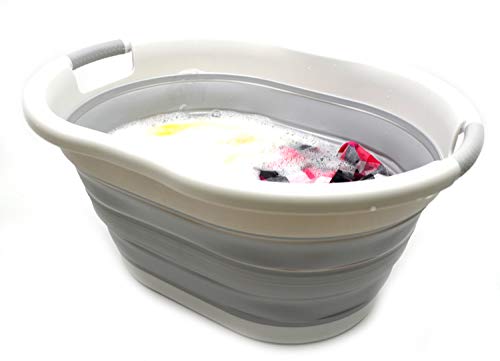 Image of SAMMART 36L (9.5 gallon) Collapsible Plastic Laundry Basket - Oval Tub /Basket - Foldable Storage Container /Organizer - Portable Washing Tub - Space Saving Laundry Hamper (Oval, Grey /Grey)