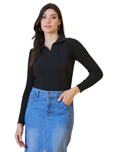 Image of 98 Degree North Women Spread Collar Sweater-G1577-BLACK
