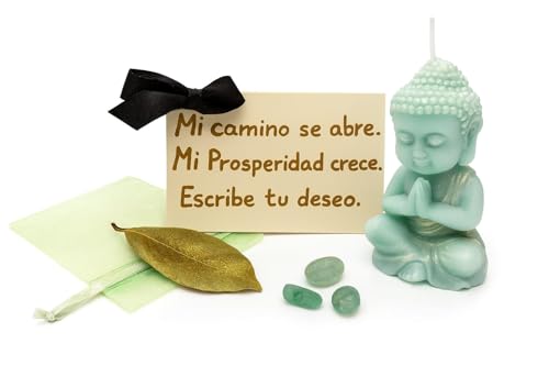 Vela Buda de Prosperidad - Aroma Canela y Naranja - Hecha a Mano - Con Hoja de Laurel, Piedras de Abundancia y Tarjeta de Deseo - Pack Místico Esencia a Mora