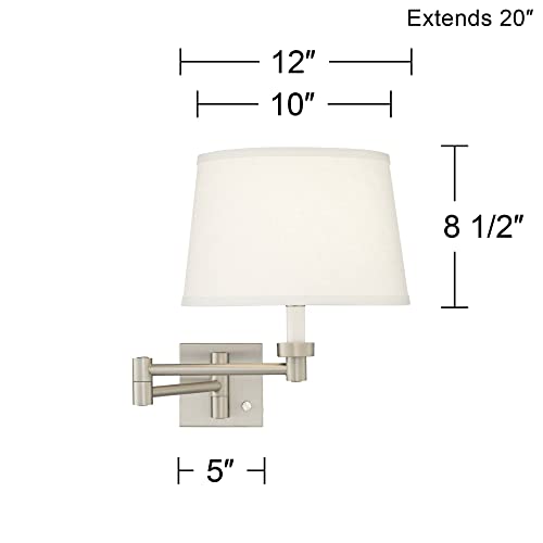 Image of Possini Euro Design Modern Swing Arm Wall Mounted Lamps Set of 2 Brushed Nickel Plug-in Light Fixture Dimmable White Linen Drum Shade for Bedroom Bedside House Reading Living Room Home Dining