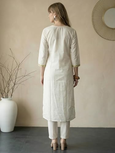 Image of INDO ERA Women's Silk Blend Geometric Embroidered Thread Work Kurta & Pant Set | Co Ord Set For Women Stylish