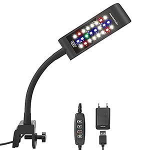 LED Aquarium klemmlampe mit Timer, Clip Beleuchtung Vollspektrum [RGB + Weiß Licht] 10 Helligkeitsstufen Dimmbar, Klemmleuchte Aquariumlampe für 20-30CM Fisch Tank, Schwarz