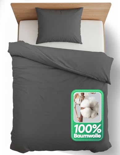 slummer Bettwäsche 135x200 Baumwolle Set - Bettbezug mit Kissenbezug 80x80 - Baumwoll Bettwäsche-Sets Uni Einfarbig mit Reißverschluss - Deckenbezug Sommer Kühlend Weich - Grau
