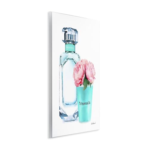 Image of Teal Perfume Bottle and Peonies, 13 x 19 Inch Mounted Print on Wall Plaque