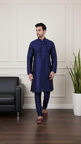 Image of SadreeMen's Silk Blend|Classic|Occassion|Ethinic|Full Sleeve|Mandirn Collor|Knee Length|Solid Colour|Light Weight|Comfort|Regular Fit Kurta Pyjama Set