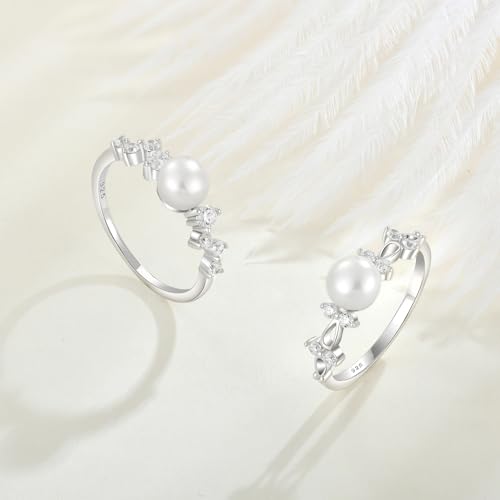 STARCHENIE Freshwater Cultured Pearl Ring 925 Sterling Silver 6mm White Pearl Rings for Women Anniversary Jewelry Size 5-104