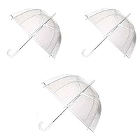 3 Pack Clear Dome See Through Umbrella | Transparent Walking Brolly | Wedding Translucent Umbrella | Semi-Automatic C-Handle White Bridesmaid Bridal Party