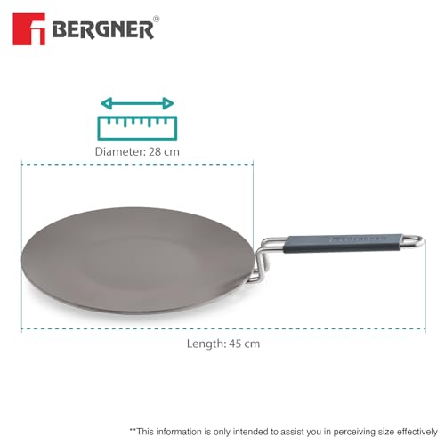 Image of BERGNER Tri-Ply Argent Ceramica 28cm Roti Tawa with Ceramic Coating, Non-Stick Large Roti Tawa with Stay Cool Handle, PFOA Free, Durable, Food Safe, Even and Faster Heating - Induction Compatible