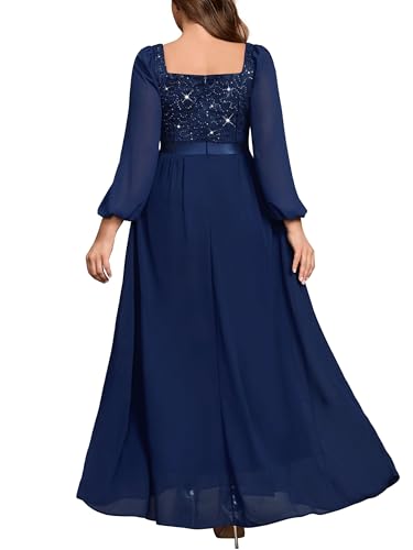 MISSMAY Women's Plus Size Sequin Lace Square V Neck Sheer Long Sleeves Formal Evening Chiffon Long Dress2