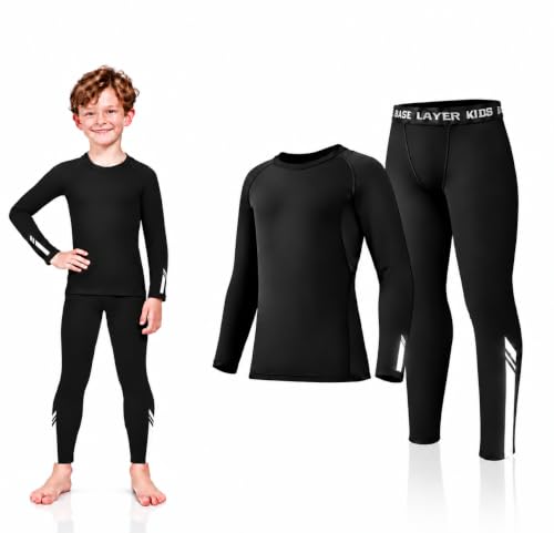Thermounterwäsche Kinder- Funktionsunterwäsche Kinder mit Reflektorstreifen & Fleece‑Innenfutter, Atmungsaktiv Schnelltrocknend Sportunterwäsche‑Set für Fußball, Radsport und Skifahren, Schwarz, L