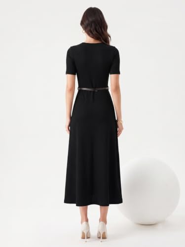 Image of Selvia Women Textured Lycra V-Neck A-Line Dress with Belt
