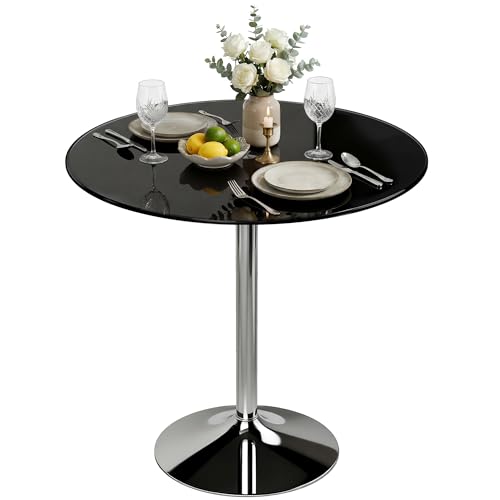 Image of HOMCOM Round Bar Table, Modern Dining Table with Tempered Glass Top and Steel Frame for 4, Easy Assembly for Breakfast Bar, Dining Room, 80 x 80 x 77cm, Black