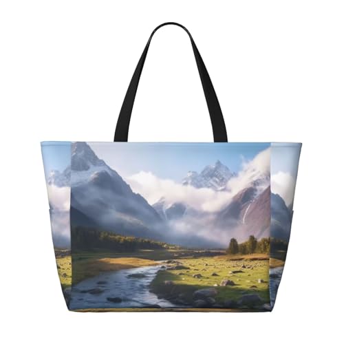 (Travel Mountain Scenery) Large Beach Tote Bag For Women With Zipper Foldable Lightweight Travel Pool Bag For Vacation Shopping2