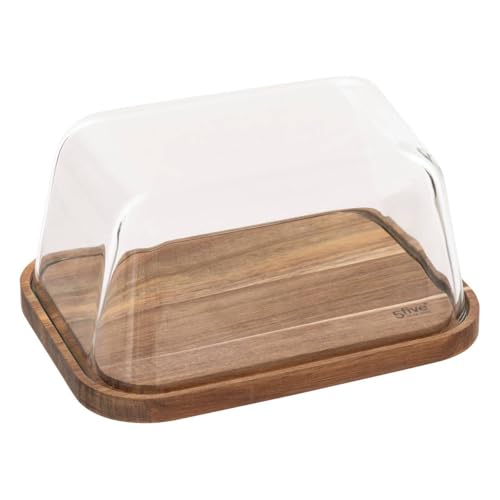 5Five   Quesera marrón HARMONY de vidrio de borosilicato y madera de acacia   24,3 x 18,4 x 12 cm   Almacenamiento de alimentos, accesorio de cocina
