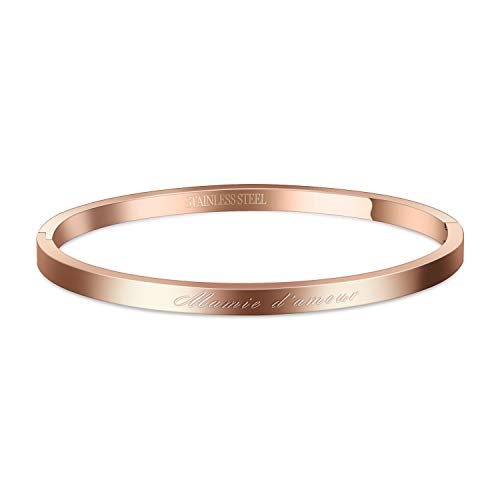 AURSTORE® Bracelet Jonc Fin en Acier Inoxydable 316L avec Message(Mamie d'amour) Largeur 4 mm Couleurs au Choix (Or Rosé)