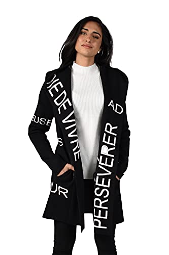 Frank Lyman Cardigian para mujer con citas de motivación, sveater de moda, cárdigan para mujer, Negro/Blanco (Black/Off White), S