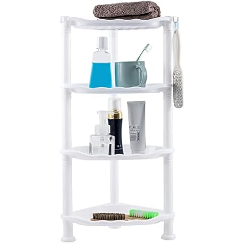 4-Tier Standing Corner Shower Caddy - 4 Shelf Plastic Bathroom Corner Stand with Drainage Holes & Hooks Plastic Shower Organizer Corner Standing Stand Up Bathtub Shower Shelf for Bathroom Living Room Cover