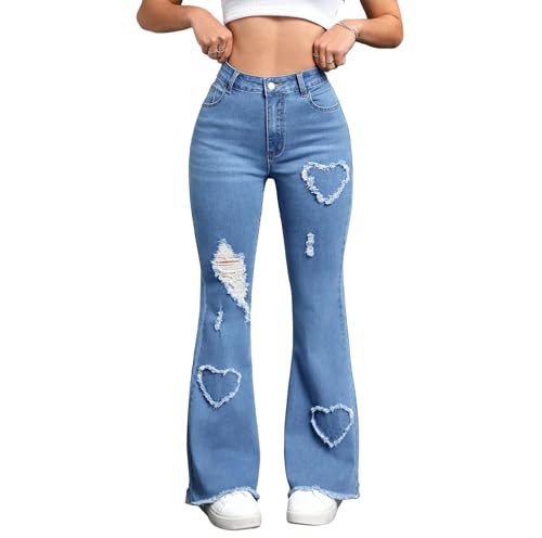 Women's High Waisted Flare Jeans, Light Blue Denim with Heart Distressing, Frayed Hem, Stretch Cotton Blend