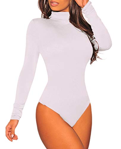Basic Turtleneck Stretchable Long Sleeve Bodycon Leotard Bodysuit Lingerie Women's Top White