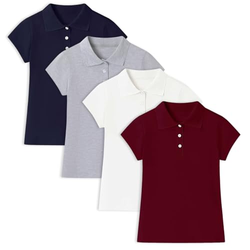 Image of 4 Pack Cotton Girls Polo Shirt Slim Fit for School Uniform Kids Youth Tops