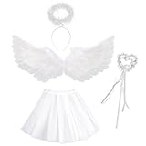 MUNSKT Déguisement d'Ange de Noël avec Ailes et Auréole d'Ange Blanc Robe Bâton de Fée Ailes d'ange de Fête Tête Costume Ange ou Cupidon Déguisement Adulte Femme pour Halloween Cosplay Fête et Carnava