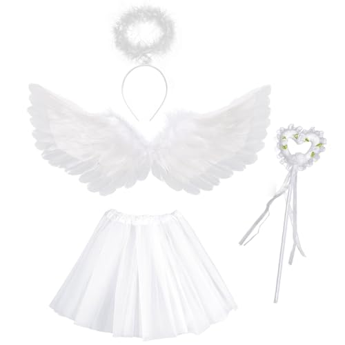 MUNSKT Déguisement d'Ange de Noël avec Ailes et Auréole d'Ange Blanc Robe Bâton de Fée Ailes d'ange de Fête Tête Costume Ange ou Cupidon Déguisement Adulte Femme...