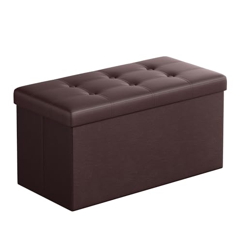 SONGMICS MAZIE Collection - 30 Inches Folding Storage Ottoman Bench, Ottoman with Storage, Foot Rest Stool, Load 660 lb, for Living Room, Synthetic Leather, Brown ULSF40Z Brown 15"D x 30"W x