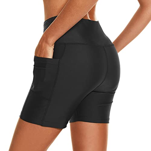 Hodosports Women'S 5'' Swim Shorts Upf 50+ High Waisted Board Shorts With Pockets Liner Quick Dry Swimsuit Bottoms Black L thumb #7