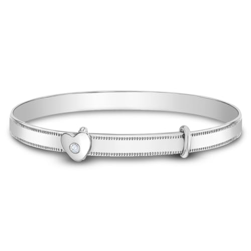 Image of In Season Jewelry 925 Sterling Silver Clear Cubic Zirconia Heart Adjustable Bangle Bracelet For Toddler Girls - Expandable Children's Bracelets - Heart Shaped Bracelets for Little Girls