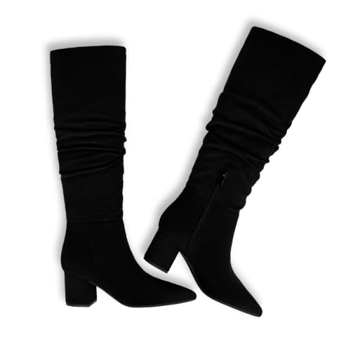 Image of Easyfox Womens Knee High Boots Chunky Low Heel Pointed Toe Tall Long Boots
