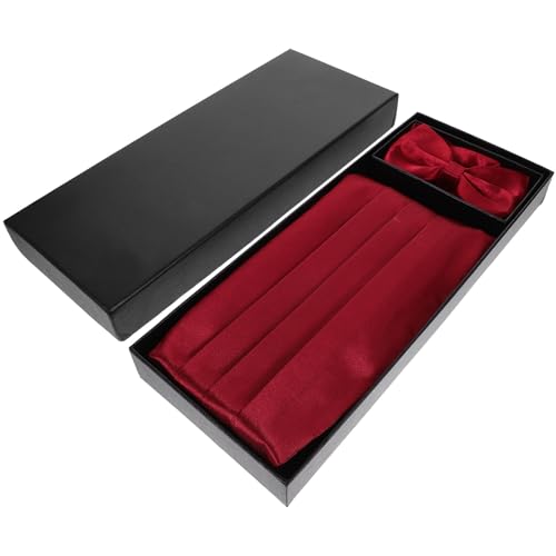 Juego de Cummerbund, Pajarita y Pañuelo de Bolsillo para Hombre, Rojo Vino