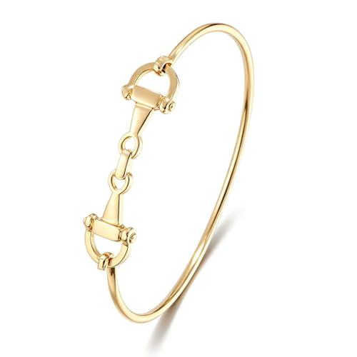 Sinfei Horse Snaffle Bit Bracelet for Women 14K Gold Plated Equestrian Horsebit Bangle Adjustable Chain Bracelet Western Horse Lover Jewelry Gift (Bangle Gold)