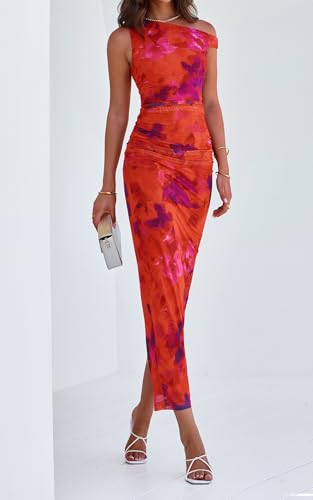 PRETTYGARDEN Women's 2025 Summer Floral One Shoulder Maxi Dress Wedding Guest Ruched Mesh Bodycon Long Cocktail Dresses3