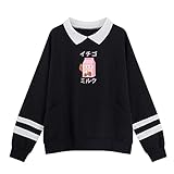 Weetiotio Cute Strawberry Milk Graphic Oversized Sweatshirts for Teen Girls Aesthetic Hoodies Collar Striped Women Pullover (Black,S,Small)