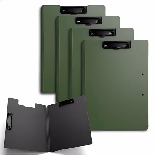 Porte-bloc A4 en plastique avec double clip | Lot de 4 dossiers pliables verts pour bureau