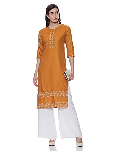 Image of Shiv Textiles Women's Cotton Regular Fit Fashion Kurti (Nikall Gold M)