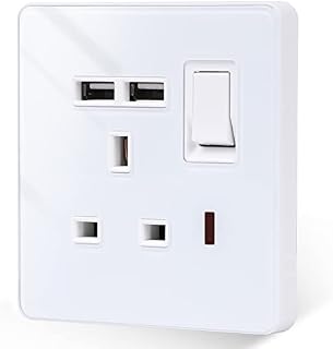 JIEMIDA Single USB Socket, Single Switched Fast Charging Power Socket with Two USB Charging Ports, 2.1V, 13 Amp Electric Power Socket, White Glass Crystal Panel With Status LED,250V