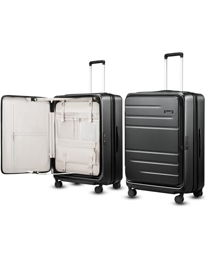 LUGGEX Checked Suitcase with Spinner Wheels FLO5 Top Opening Expandable Polycarbonate Hard Shell Suitcase with TSA Approved Lock (FX-Core Black 28 Inch)