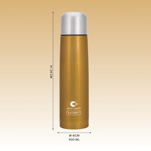 Image of Clay Craft VACBOTT Terra Double Walled 18 Hours Hot and 24 Hours Cold Water Bottle-500ML, 2-Piece(Gold) Leak Proof|Easy to Carry|Gym Bottle|Home|Kitchen|Hiking|Travel Bottle|BIS Certified