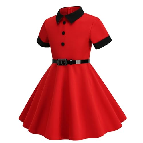 Summer Vintage 1950s Dresses for Girls Lapel Short Sleeve A-Line Dress 50s Retro Swing Smocked Dress with Belt