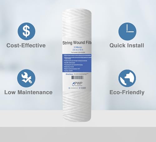 String Wound Sediment Water Filter Cartridge Standard 2.5x10" 10 Micron 25 Pack