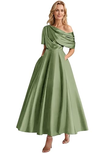 Women's Satin Mother of The Bride Dresses Off Shoulder A-Line Tea Length Formal Dress with Pockets